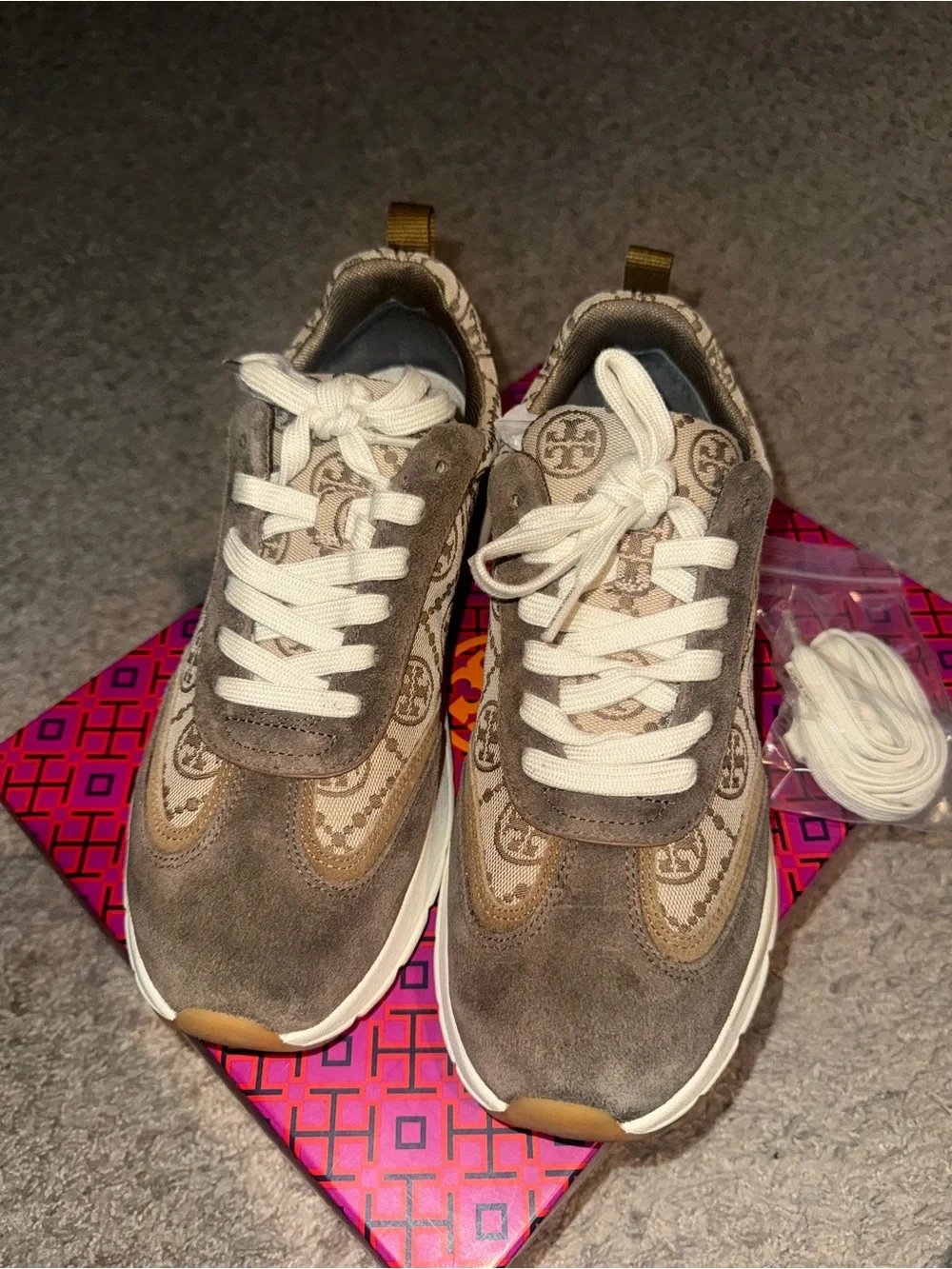 Tory Burch Logo Suede & Canvas Sneakers & matching bucket-bag. Dust-bag too.